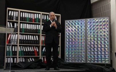 Prime Minister Benjamin Netanyahu gives a speech on files obtained by Israel he says proves Iran lied about its nuclear program, at the Defense Ministry in Tel Aviv, on April 30, 2018. (Miriam Alster/Flash90)
