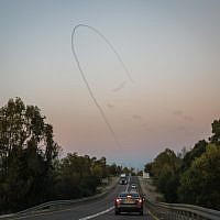Iron Dome missiles intercept rockets from Gaza seen in the sky in Southern Israel, on November 12, 2018. (Hadas Parush/Flash90)