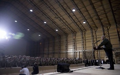 President Donald Trump speaks at a hanger rally at Al Asad Air Base, Iraq, Wednesday, Dec. 26, 2018. (AP/Andrew Harnik)