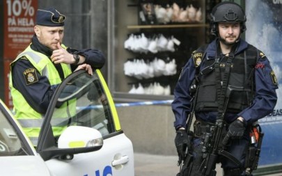 Illustrative: Police patrol near the scene of a terror attack in central Stockholm, Sweden, April 8, 2017. (Anders Wiklund/TT via AP)