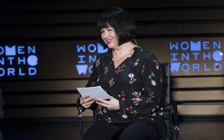 New York Times columnist Michelle Goldberg interviews author Margaret Atwood (not shown) during the ninth annual Women in the World Summit on April 13, 2018, in New York. (AP/Mary Altaffer)