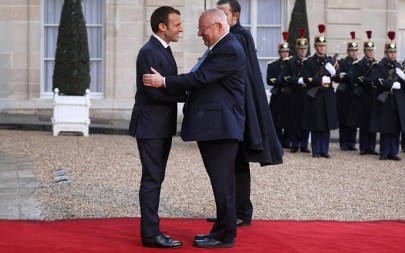 President Reuven Rivlin, right, is welcomed by French president Emmanuel Macron upon his arrival at the Elysee Palace in Paris on January 23, 2019. (Ludovic MARIN/AFP) President Reuven Rivlin, right, is welcomed by French president Emmanuel Macron upon his arrival at the Elysee Palace in Paris on January 23, 2019. (Ludovic MARIN/AFP)