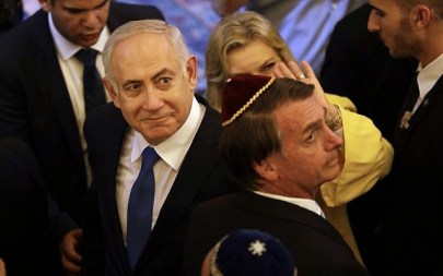 Benjamin Netanyahu (left) and Brazil's President-elect Jair Bolsonaro, exit after a visit to the Kehilat Yaacov synagogue, in Rio de Janeiro, Brazil, December 28, 2018. (Leo Correa/Pool Photo via AP)