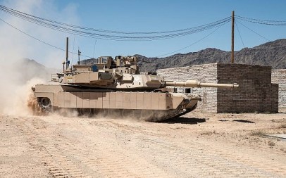 An American Abrams tank equipped with the Israeli-developed TROPHY active defense system, which protects the armored vehicle from rocket and missile attacks, in an undated photograph. (Leonardo DRS and Rafael Advanced Defense Systems Ltd.)