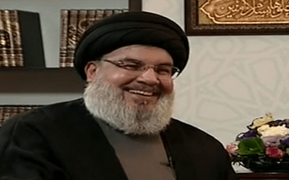 Hezbollah leader Hassan Nasrallah during an interview with al-Mayadeen, January 26, 2019 (screen capture)