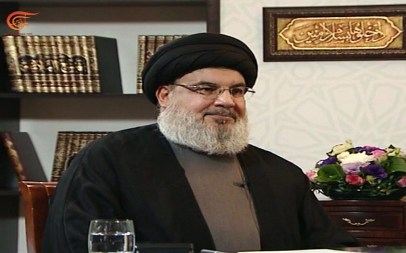 Hezbollah terror group leader Hassan Nasrallah is interviewed on the al-Mayadeen Lebanese television channel, January 26, 2019 (Screen capture)