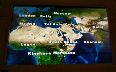 The flight path of Benjamin Netanyahu's plane over South Sudan, as seen on a screen inside Netanyahu's plane, January 20, 2019. (Rraphael Ahren)