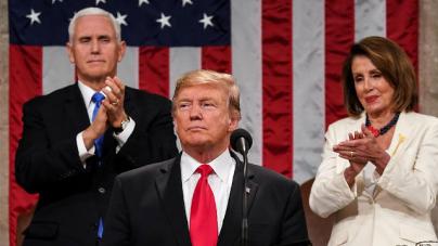 US President Donald Trump delivers the State of the Union address, alongside Vice President Mike Pence and Speaker of the House Nancy Pelosi