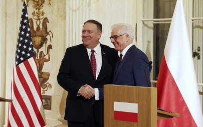 US Secretary of State Mike Pompeo gestures during a joint press conference with the Polish Foreign Minister Jacek Czaputowicz during his visit to Warsaw, Poland, Tuesday, Feb. 12, 2019.(AP Photo/Czarek Sokolowski)
