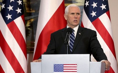 US Vice President Mike Pence speaks during a joint statement as part of a meeting with Poland's President Andrzej Duda at Belvedere palace in Warsaw, Poland, February 13, 2019.  (AP Photo/Michael Sohn)