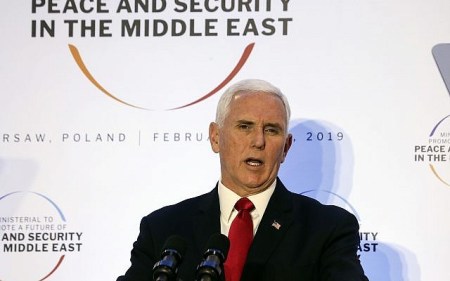 United States Vice President Mike Pence speaks at a conference on Peace and Security in the Middle East in Warsaw, Poland, February 14, 2019. (AP Photo/Michael Sohn)
