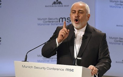Iranian Foreign Minister Mohammad Javad Zarif speaks during the Munich Security Conference in Munich, Germany, Feb. 17, 2019. (AP Photo/Kerstin Joensson)