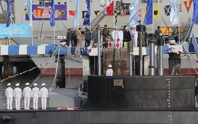 Iranian President Hassan Rouhani, center with white turban, and other dignitaries attend the inauguration of the new Iranian made 'Fateh' submarine in Bandar Abbas on February 17, 2019. (Iranian Presidency Office via AP) Iranian President Hassan Rouhani, center with white turban, and other dignitaries attend the inauguration of the new Iranian made 'Fateh' submarine in Bandar Abbas on February 17, 2019. (Iranian Presidency Office via AP)
