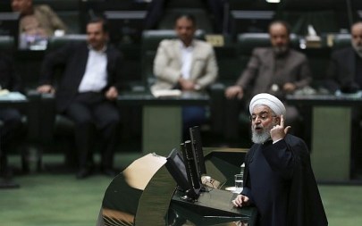 Iranian President Hassan Rouhani speaks in parliament, in Tehran, Iran, on February 4, 2019 (AP Photo/Vahid Salemi)
