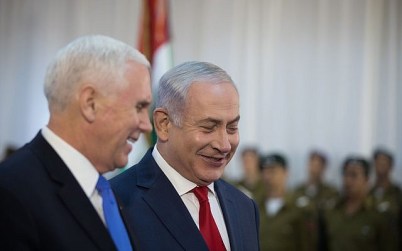 US Vice President Mike Pence (left) is welcomed by Israeli Prime Minister Benjamin Netanyahu at the Prime Minister's Office in Jerusalem, on January 22, 2018. (Hadas Parush/Flash90 US Vice President Mike Pence (left) is welcomed by Israeli Prime Minister Benjamin Netanyahu at the Prime Minister's Office in Jerusalem, on January 22, 2018. (Hadas Parush/Flash90