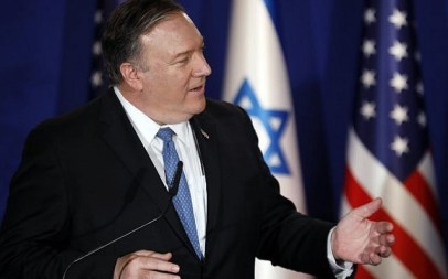 US Secretary of State Mike Pompeo speaks during a joint press conference with Israeli Prime Minister at his residence in Jerusalem on March 21, 2019.  (Photo by AMIR COHEN / AFP)