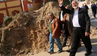 Hamas chief Ismail Haniyeh visits his office that was targeted in an Israeli air strike, in Gaza City March 27, 2019