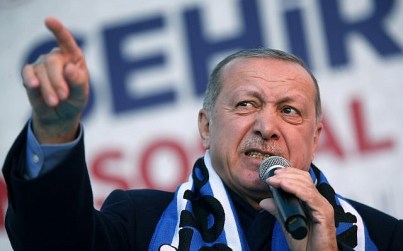 Turkey's President Recep Tayyip Erdogan delivers a speech at a rally of his ruling Justice and Development Party's (AKP) in Istanbul, March 5, 2019. (Lefteris Pitarakis/AP)
