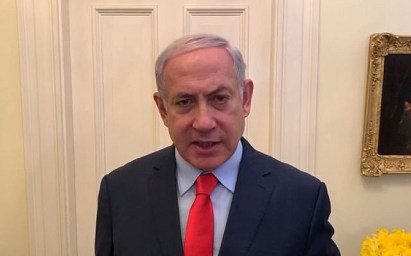 Screen capture of Prime Minister Benjamin Netanyahu in a Hebrew-language video released by his office from Washington on March 25, 2019, telling Israelis he would be heading back home following a Gaza rocket attack earlier in the day. (Courtesy PMO)