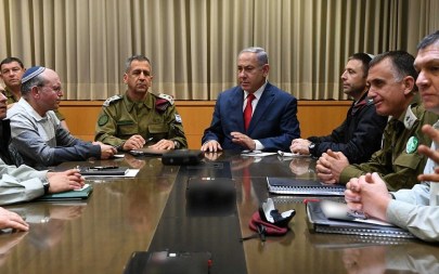 Prime Minister Benjamin Netanyahu (top right) meets with security brass at the IDF's Kirya military headquarters in Tel Aviv on March 14, 2019. (Ariel Hermoni/Defense Ministry) Prime Minister Benjamin Netanyahu (top right) meets with security brass at the IDF's Kirya military headquarters in Tel Aviv on March 14, 2019. (Ariel Hermoni/Defense Ministry)