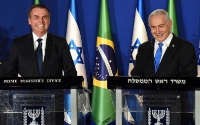 Brazilian President Jair Bolsonaro, left, and Israeli Prime Minister Benjamin Netanyahu speak during a joint press conference at the Prime Minister's Residence in Jerusalem on March 31, 2019. (DEBBIE HILL/POOL/AFP)