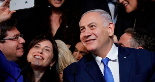 Israeli prime minister Binyamin Netanyahu and deputy foreign minister Tzipi Hotovely at his Likud Party headquarters in Tel Aviv on election night in the early hours of Wednesday. Photograph:  Thomas Coex/AFP/Getty Images