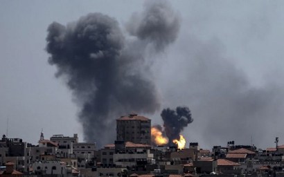 A picture taken from the Gaza Strip on May 4, 2019, shows smoke billowing following an airstrike by Israel in response to rockets fired by Palestinian terrorists. (MAHMUD HAMS / AFP)