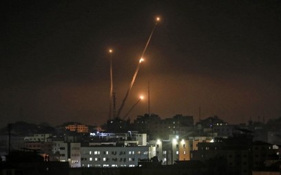 A picture taken in Gaza city on May 5, 2019, shows rockets fired toward Israel from the Gaza Strip. (Mahmud Hams/AFP)