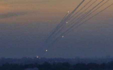 A picture taken on May 5, 2019 from the Israel-Gaza border shows a barrage of rockets being fired from the Hamas-run Palestinian enclave. (Jack Guez/AFP)