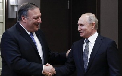 Russian President Vladimir Putin, right, meets with US Secretary of State Mike Pompeo at the Bocharov Ruchei residence in Sochi on May 14, 2019. (Pavel Golovkin/POOL/AFP)