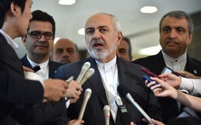 Iranian Foreign Minister Mohammad Javad Zarif (C) answers questions after a meeting with Japanese Foreign Minister Taro Kono at the foreign ministry in Tokyo on May 16, 2019. (Photo by Kazuhiro NOGI / AFP)