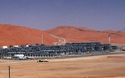 Illustrative photo from 2004 of an industrial plant that strips natural gas from freshly pumped crude oil at Saudi Aramco's Shaybah oil field at Shaybah in Saudi Arabia's Rub al-Khali desert. (AP Photo/Bruce Stanley, File)