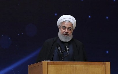 Iranian President Hassan Rouhani at a ceremony commemorating the 'National Day of Nuclear Technology' in Tehran, Iran on, April 9, 2019. (Iranian Presidency Office via AP)