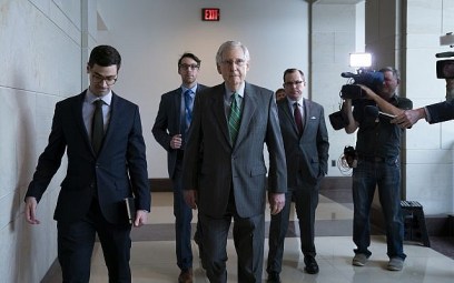 Senate Majority Leader Mitch McConnell, R-Ky., passes reporters as he and other top congressional leaders head to a classified briefing on Iran after members of both parties asked for more information on the White House's claims of rising threats in the Middle East, at the Capitol in Washington, Thursday, May 16, 2019. (AP/J. Scott Applewhite) Senate Majority Leader Mitch McConnell, R-Ky., passes reporters as he and other top congressional leaders head to a classified briefing on Iran after members of both parties asked for more information on the White House's claims of rising threats in the Middle East, at the Capitol in Washington, Thursday, May 16, 2019. (AP/J. Scott Applewhite)