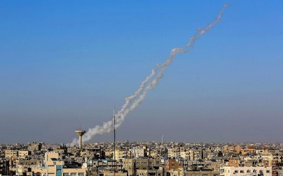 Smoke trails seen as rockets are launched from Rafah in the southern Gaza Strip toward Israel on May 4, 2019. (Abed Rahim Khatib/Flash90)