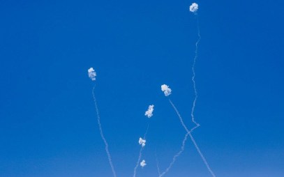Smoke trails from a barrage of rockets launched from the Gaza Strip after they were intercepted by the Iron Dome on May 5, 2019. (Noam Revkin Fenton/Flash90)