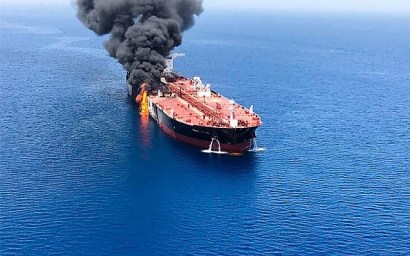 A picture obtained by AFP from Iranian News Agency ISNA on June 13, 2019, reportedly shows fire and smoke billowing from a tanker said to have been attacked in the waters of the Gulf of Oman. (ISNA/AFP)