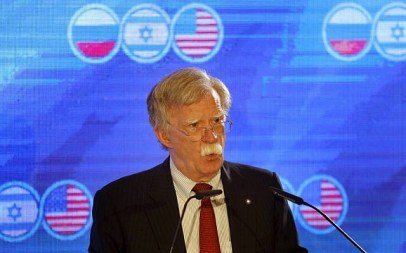 US National Security Adviser John Bolton speaks at a trilateral summit of national security advisers of the US, Israel and Russia, in Jerusalem on June 25, 2019. (Menahem Kahana/AFP)