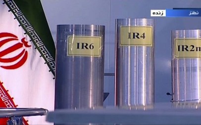 In this frame grab from Islamic Republic Iran Broadcasting, IRIB, state-run TV, three versions of domestically-built centrifuges are shown in a live TV program from Natanz, an Iranian uranium enrichment plant, in Iran, June 6, 2018. (IRIB via AP)
