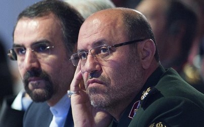 Then Iranian Defense Minister Hossein Dehghan (right) in Russia at the Moscow Conference for International Security on April 26, 2017. (AP/Ivan Sekretarev)