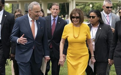 Senate Minority Leader Chuck Schumer, (D-NY, left), and Speaker of the House Nancy Pelosi (D-Calif.) joined at center rear by Sen. Richard Blumenthal (D-Conn.) at the Capitol in Washington, DC, on Thursday, June 20, 2019. (AP/J. Scott Applewhite)