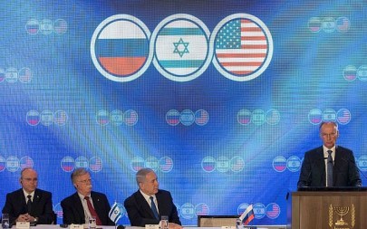 Secretary of the Russian Security Council Nikolai Patrushev speaks at a trilateral summit with Prime Minister Benjamin Netanyahu, center-right, US National Security Adviser John Bolton, center-left, and National Security Adviser Meir Ben-Shabbat at the Orient Hotel in Jerusalem on June 25, 2019. (Noam Revkin Fenton\Flash90)