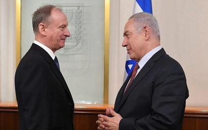 Russian Federation Security Council Secretary Nikolai Patrushev, left, meets with Prime Minister Benjamin Netanyahu in the Prime Minister's Office in Jerusalem, February 1, 2018. (Kobi Gideon/GPO)