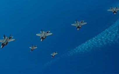 F-35 fighter jets from Israel, the United States and the United Kingdom take part in an aerial exercise over the Mediterranean Sea on June 25, 2019. (Israel Defense Forces)