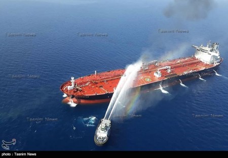 One of the tankers hit in the Gulf of Oman (Tasnim, June 13, 2019)
