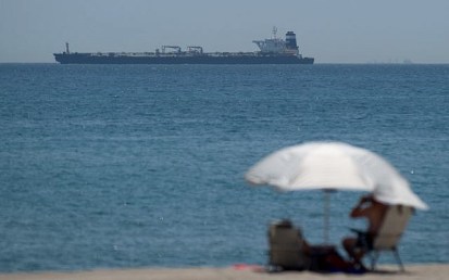 A picture shows supertanker Grace 1, suspected of carrying Iranian crude oil to Syria in violation of EU sanctions, after it was detained off the coast of Gibraltar on July 4, 2019. (Jorge Guerrero/AFP)