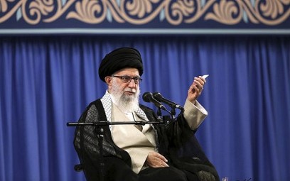 Supreme Leader Ayatollah Ali Khamenei speaks in a meeting with a group of clerics, in Tehran, Iran, July 16, 2019. (Office of the Iranian Supreme Leader via AP)