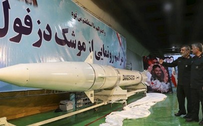 In this photo released Thursday, Feb. 7, 2019, by Sepahnews, the website of the Iranian Revolutionary Guard, Amir Ali Hajizadeh, chief of the Guard's aerospace division, left, explains the Dezful surface-to-surface ballistic missile to the Guard's chief, Mohammad Ali Jafari during an inauguration ceremony, in an undisclosed location, Iran. (Sepahnews via AP)