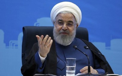 In this photo released by the official website of the office of the Iranian Presidency, President Hassan Rouhani speaks in a meeting during his provincial tour to the North Khorasan, Iran, July 14, 2019. (Iranian Presidency Office via AP)