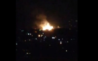 Illustrative: Explosions seen near Damascus on July 1, 2019, during a purported Israeli airstrike. (Screen capture/Twitter)